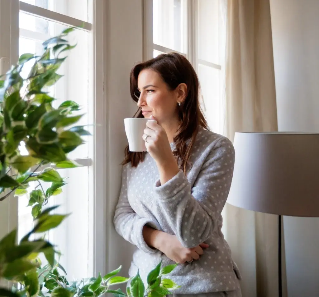 Mid adult woman having coffee in pajamas and looking through the window