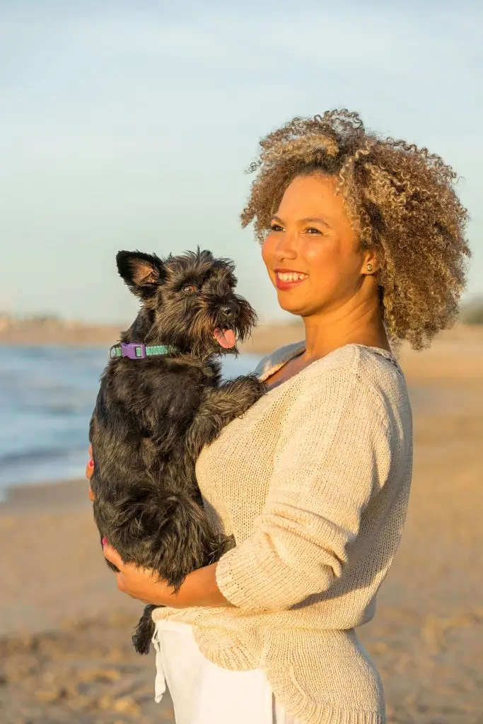Portrait of a mixed race content and happy woman at the beach with her little dog in her arms